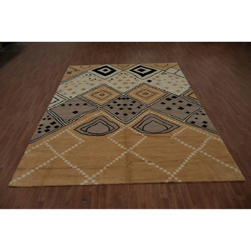 Hand Knotted Oriental 100% Wool Carpet Modern Geometric Yellow & Gold Moroccan Area Rug - 12' 1'' X 9' 1''