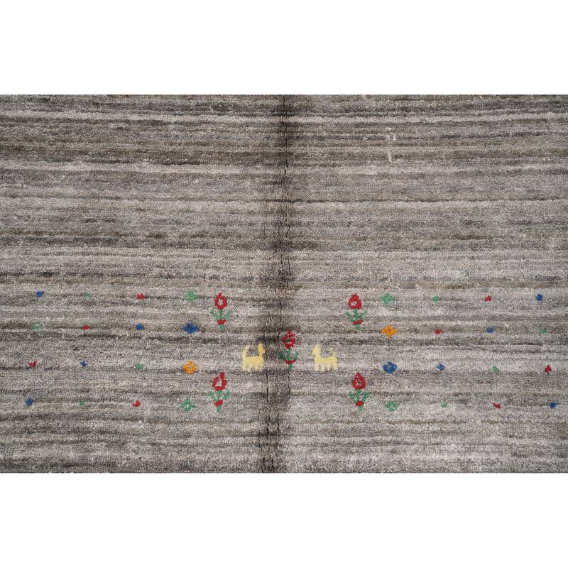Hand Knotted Oriental Viscose Silk Carpet Tribal Animal Pictorial Greys & Charcoal Gabbeh Area Rug - 6' 2'' X 5' 11''