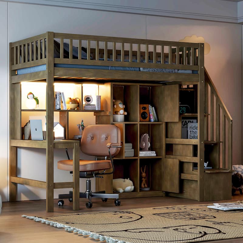 Twin Loft Bed in Walnut with Integrated L-Shaped Desk, LED Lighting, Multi-Tier Storage Shelves, Cabinets, and Staircase - Walnut