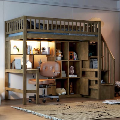 Twin Loft Bed with Built-in Study Desk - Staircase Design with Storage Shelves & LED Lighting, Multi-Functional for Small Spaces
