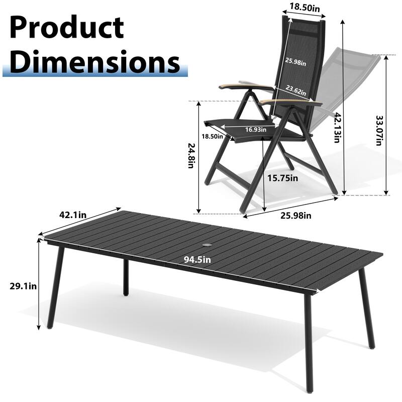 9-Piece Outdoor Patio Dining Set WPC Table Top Alumium Umbrella Hole Table with Folding Armrest Chairs