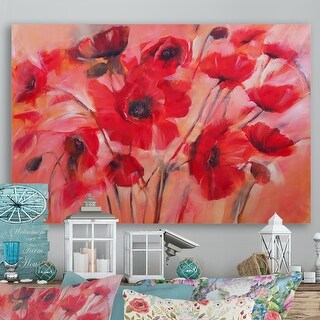 Designart "Red Blooming Poppies VIII" Traditional Canvas Wall Art - Bed ...