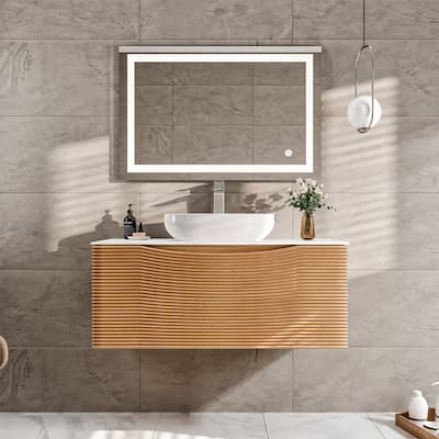 Leah 32 in. Medium Oak Bath Vanity with Solid Surface Top & Vessel Sink