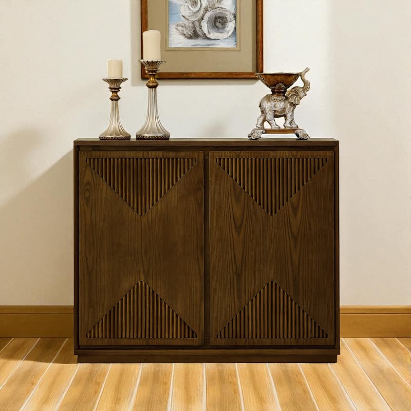 39" V-Shape Fluted Storage Cabinet, Mid Century Modern Buffet Sideboard with Outlet Holes for Entryway Kitchen - Brown