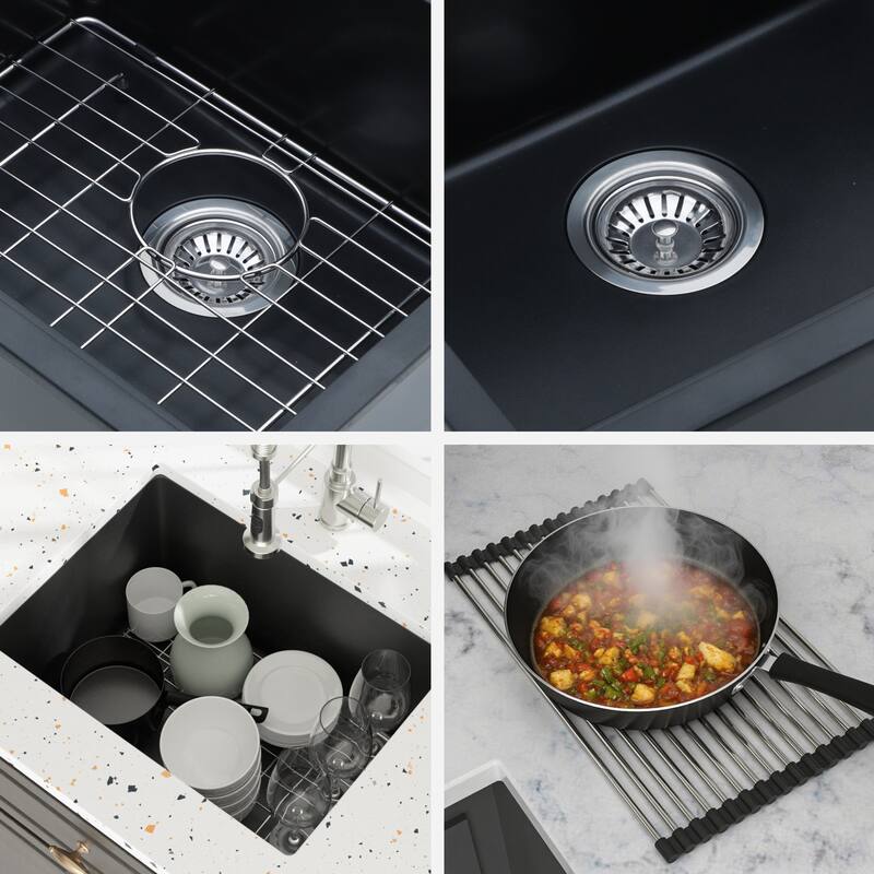 24" Undermount Single Bowl Quartz Kitchen Sink in Black - 24'' x 18'' x 12''