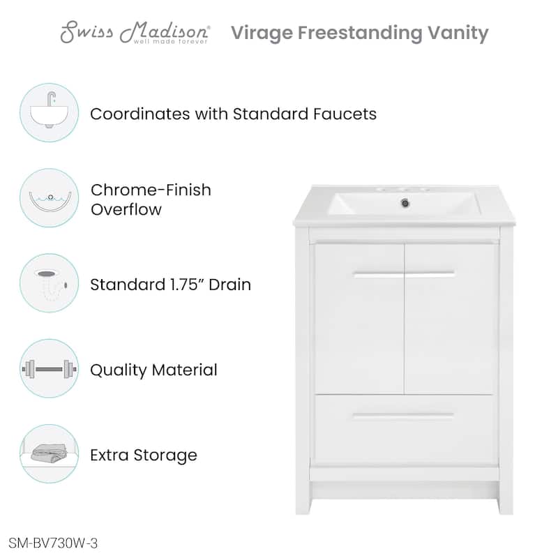 Virage 24 In. White Bathroom Vanity With White, 3-Hole Ceramic Sink Top