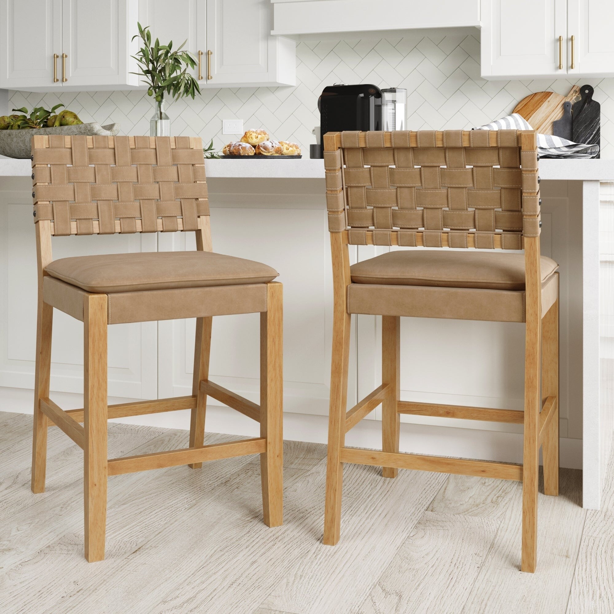 Nathan James Cohen Faux Leather Counter or Bar Height Stool Solid Wood Frame with Footrest and Woven Leather Back