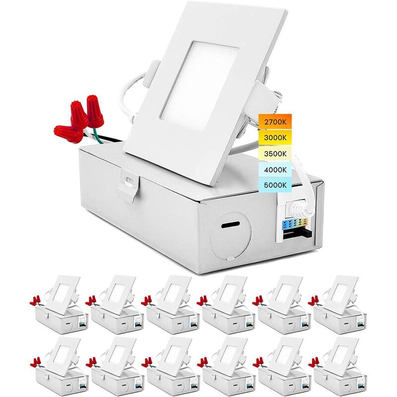 Luxrite 12 Pack 3" Square Ultra Thin LED Recessed Light with J-Box 8W 5 Color Selectable Dimmable 540 Lumens IC Rated - Color Temperature Selectable 27K/30K/35K/40K/50K