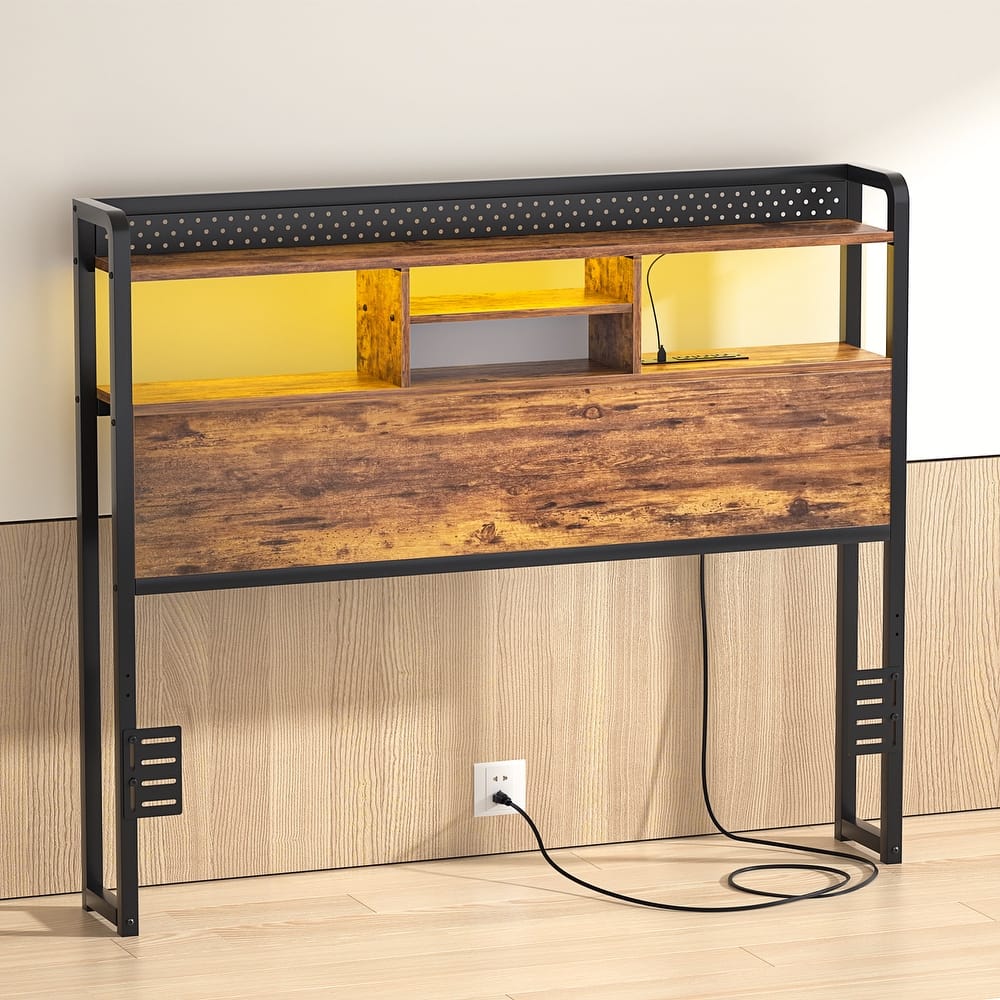 Bed Headboard with Storage Shelf and Charge Station, Height Adjustable Headboard with LED Light