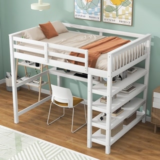 Multifunctional Design Wood Loft Bed with Built-in Desk and Shelfs, Space Saving, Full Size