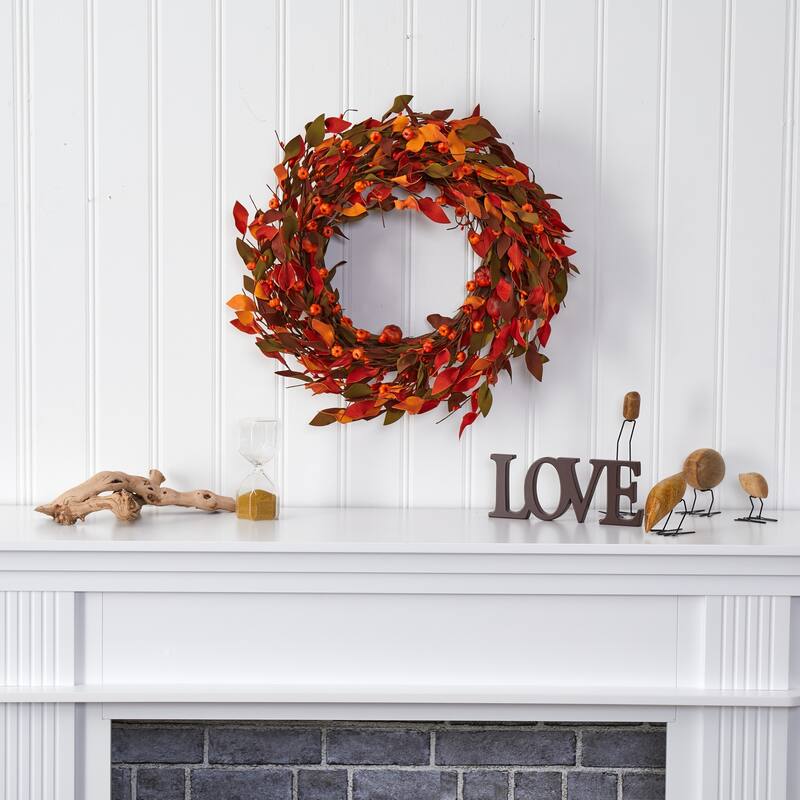 Leaf and Mini Pumpkin Artificial Fall Harvest Twig Wreath, 20-Inch, Unlit