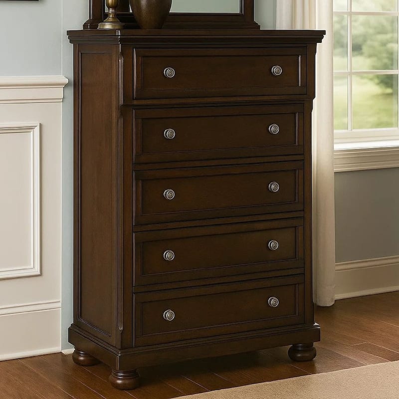 Fray 58 Inch 5 Drawer Classic Tall Dresser Chest, Brown Wood, Bun Feet
