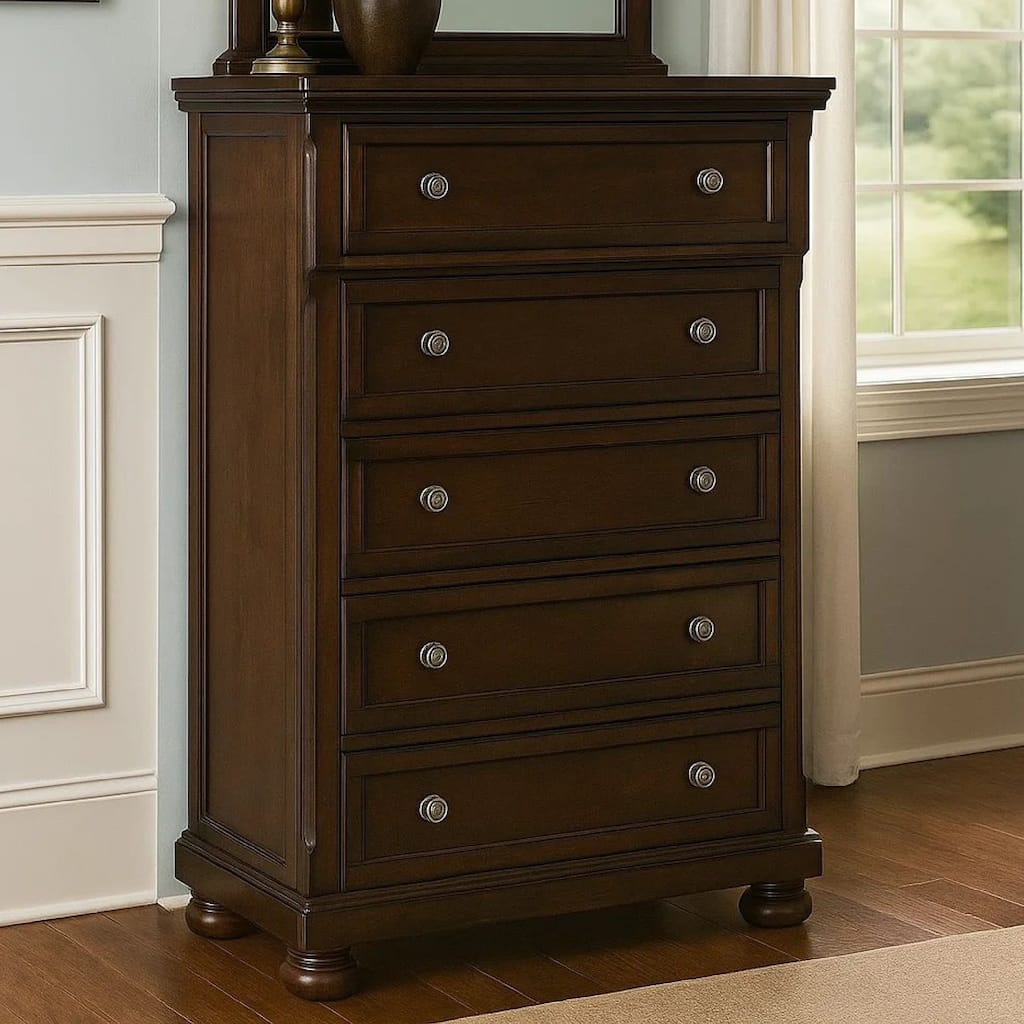 Fray 58 Inch 5 Drawer Classic Tall Dresser Chest, Brown Wood, Bun Feet