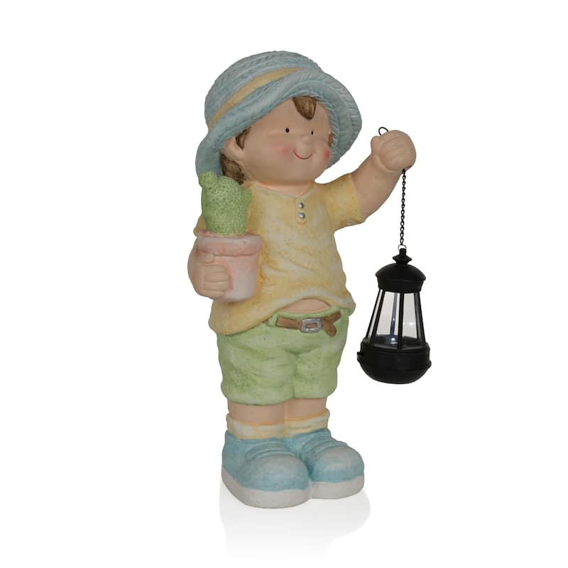 Solar Boy Statue Holding Lantern With LED Light