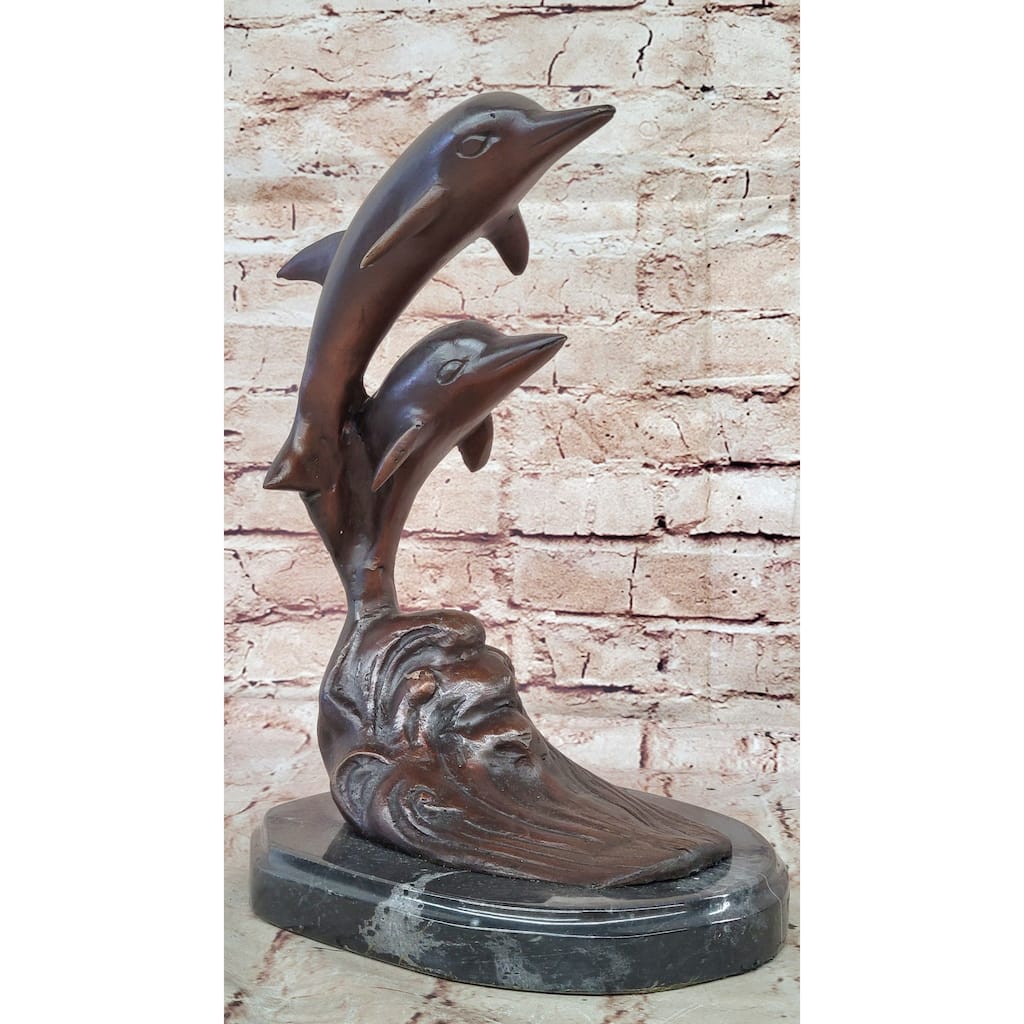 Signed Numbered Bronze Dolphin Sculpture – Dolphins Jumping Over Waves