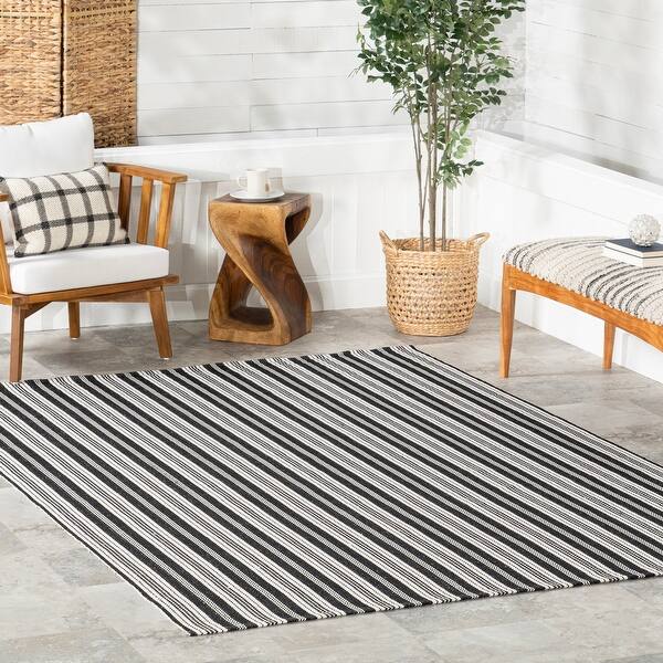 slide 2 of 40, Home Conservatory Ticking Stripe Handwoven Indoor/Outdoor Area Rug 4' x 6' - Black - Rectangle