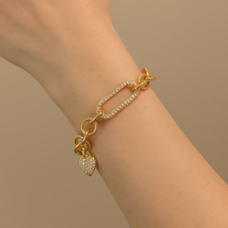 Paperclip Link CZ Encrusted Heart Charm Bracelet