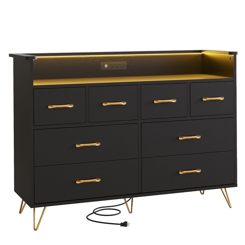 Tall Dresser for Bedroom with Charging Station & RGB Lights - 8 Drawer Wooden Dresser