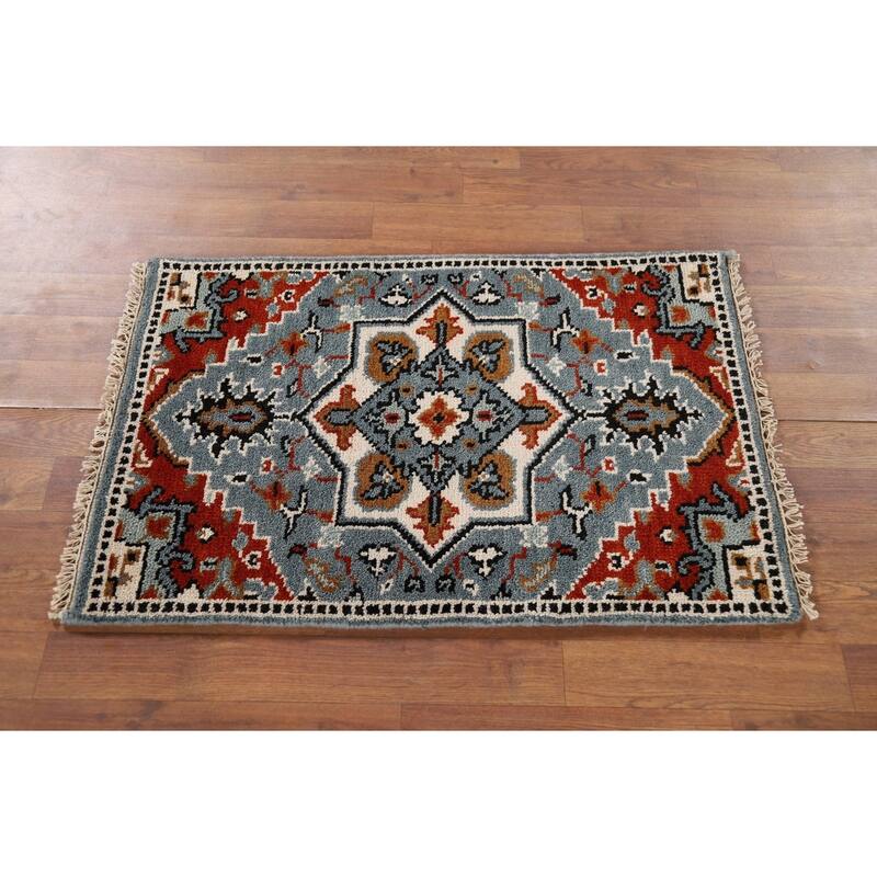 Geometric Blue Kazak Indian Foyer Rug Hand-Knotted Wool Carpet - 2'0" x 3'0"