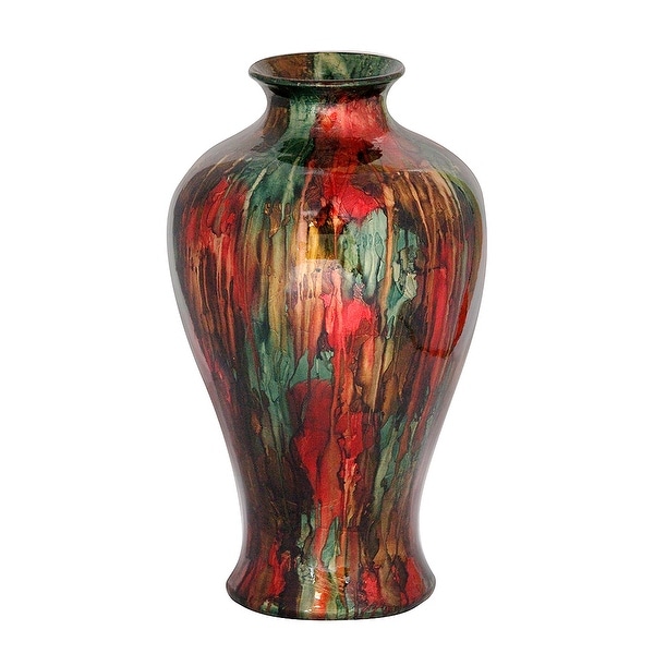23" Foiled & Lacquered Ceramic Floor Vase - Ceramic, Lacquered In Red, Brown And Green