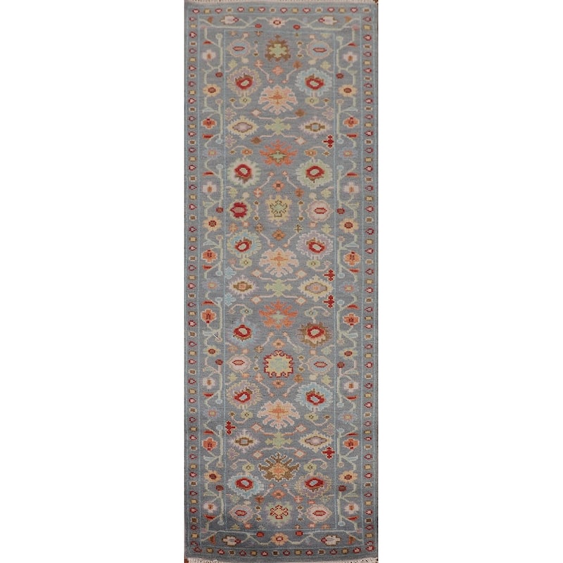 All-Over Floral Oushak Indian Runner Rug Handmade Wool Carpet - 2'7"x 9'11"