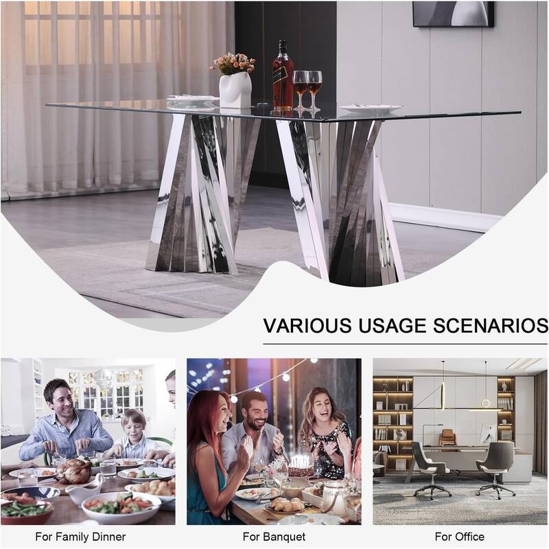 Luxury 78 inch Glass Dining Table with Mirrored Stainless Steel Base