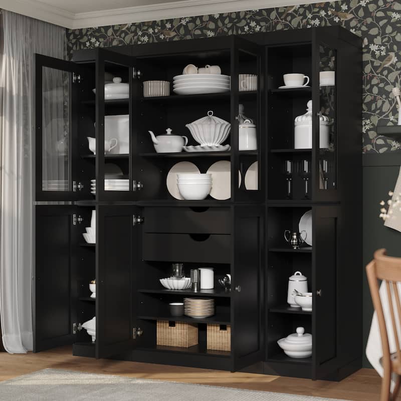 Palace Imports 100% Solid Wood 65" Pantry Cabinet with Clear Glass, Shaker Doors, 2-Drawers and Adjustable Shelves - Black