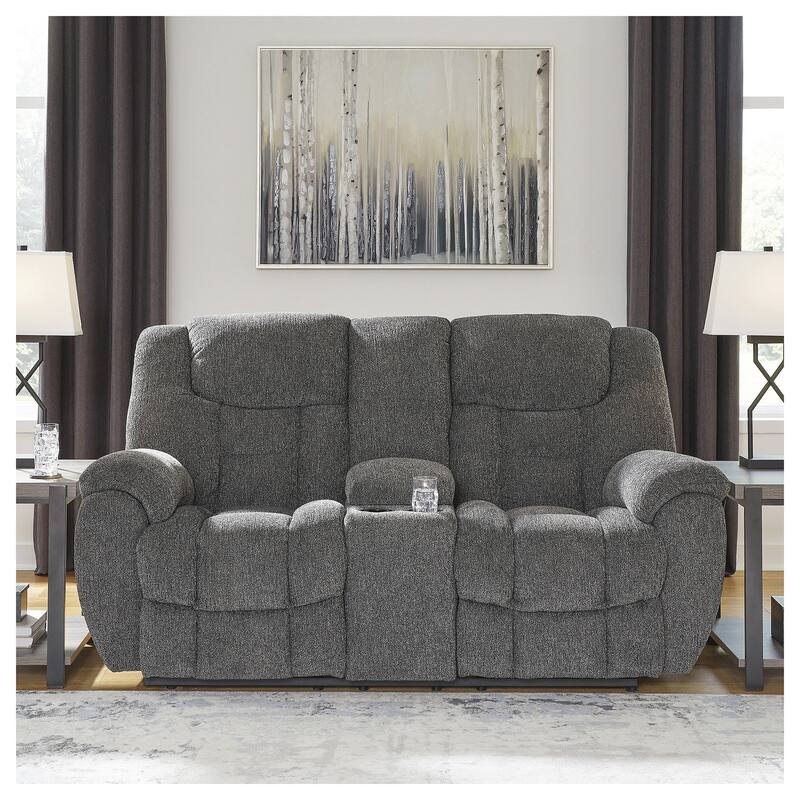 Signature Design by Ashley Foreside Gray Double Reclining Loveseat with Console - 76"W x 43"D x 44"H
