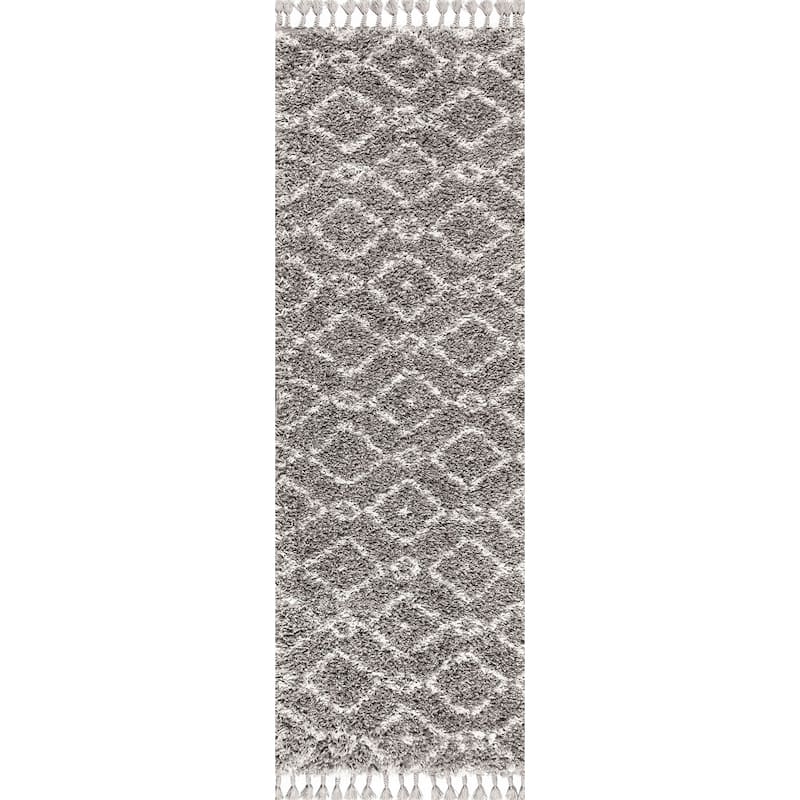 JONATHAN Y Modern Shag Plush Tassel Moroccan Diamond Area Rug - 2 X 8 - Grey/Cream