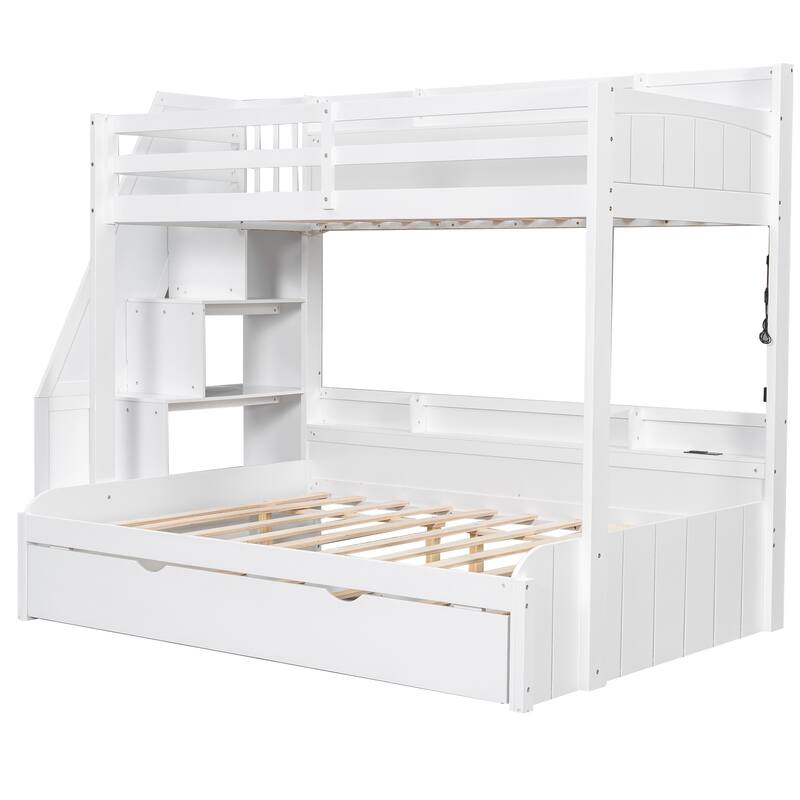 GDFStudio - Solid Wood Twin over Full Bunk Bed with Storage Staircase, Trundle, LED & USB