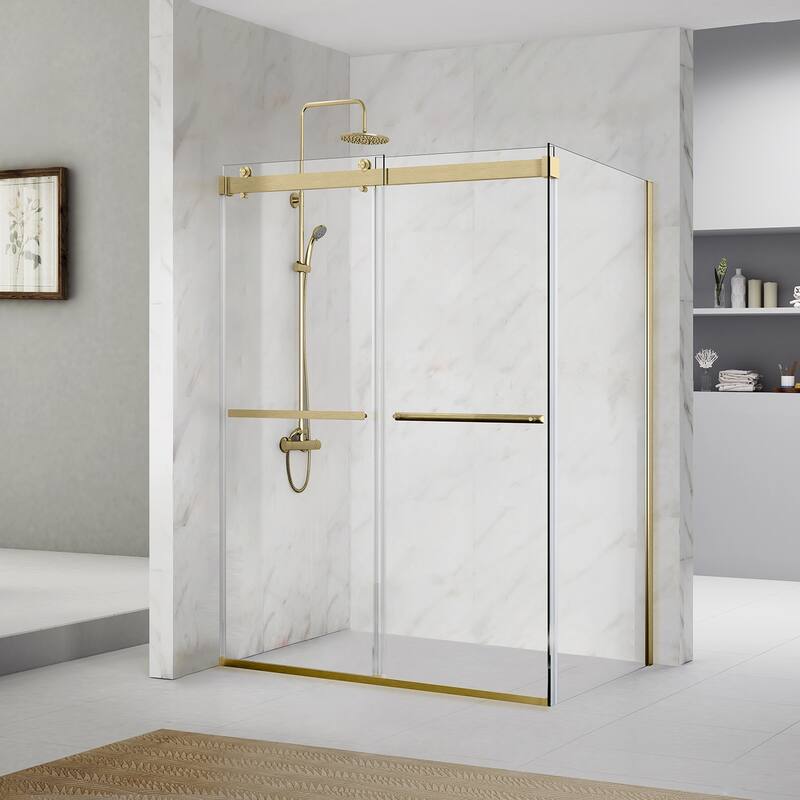Spezia 64" W x 76" H Sliding Frameless Shower Enclosure,Brushed Gold