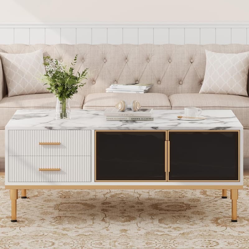 Modern Aesthetic Marble Coffee Table for Living Room with 4 Drawers - N/A