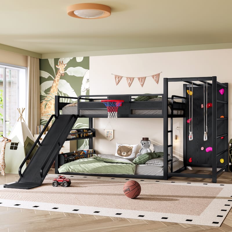 Full/Twin Metal Loft Bed with Basketball Hoop, Climbing Wall & Slide