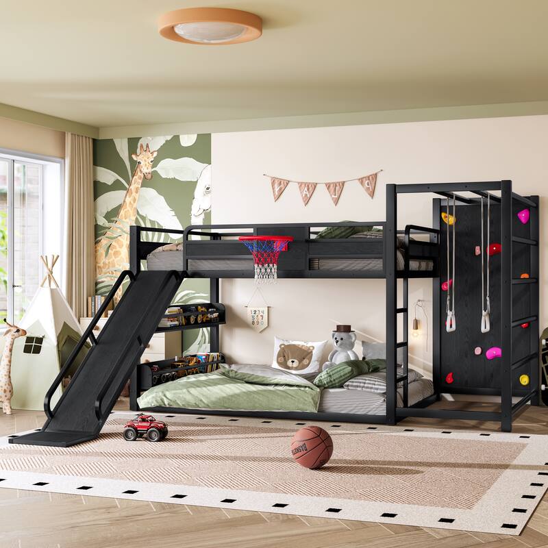 Full size metal loft bed with basketball hoop, pull-up rings, climbing wall, and built-in bookshelves