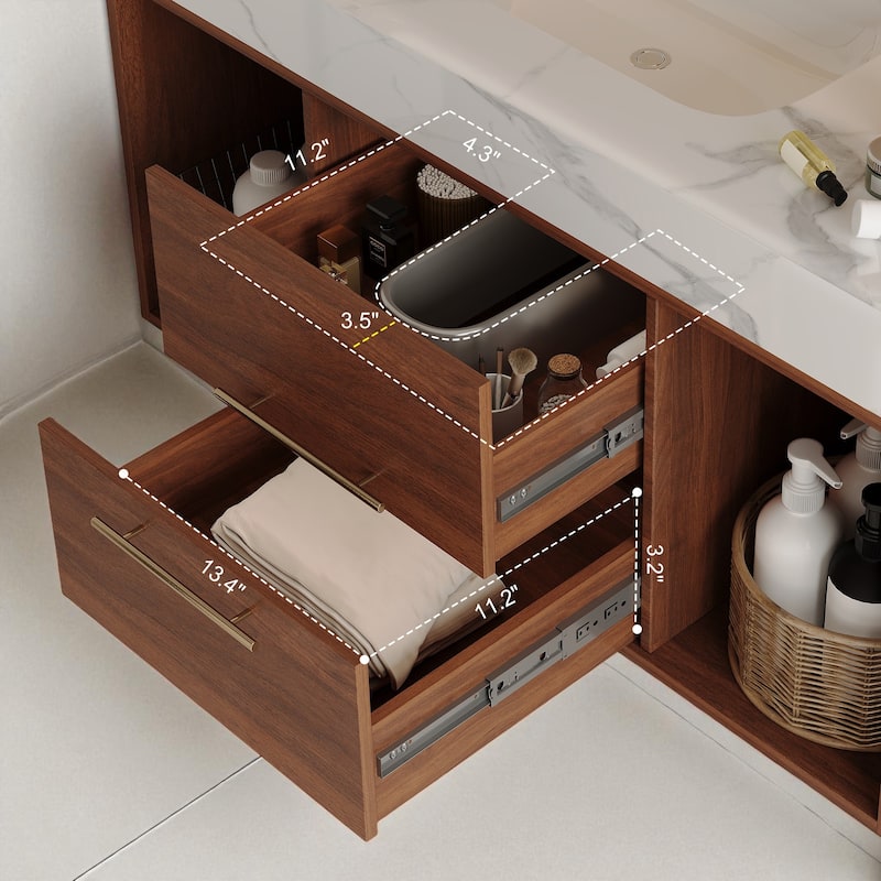 39.4" Floating Bathroom Vanity with Ceramic Sink White Sintered Stone Top Soft Close Drawers Wall Mounted