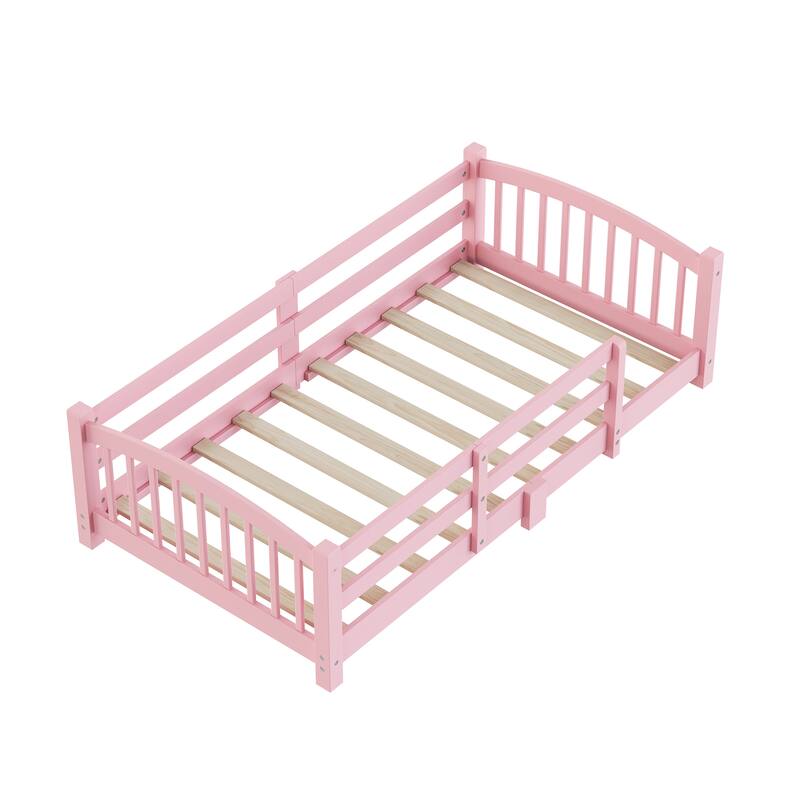 Montessori Floor Bed with Fence - Full/Twin Solid Wood, Slats & Safety Guardrails, Easy Assemble
