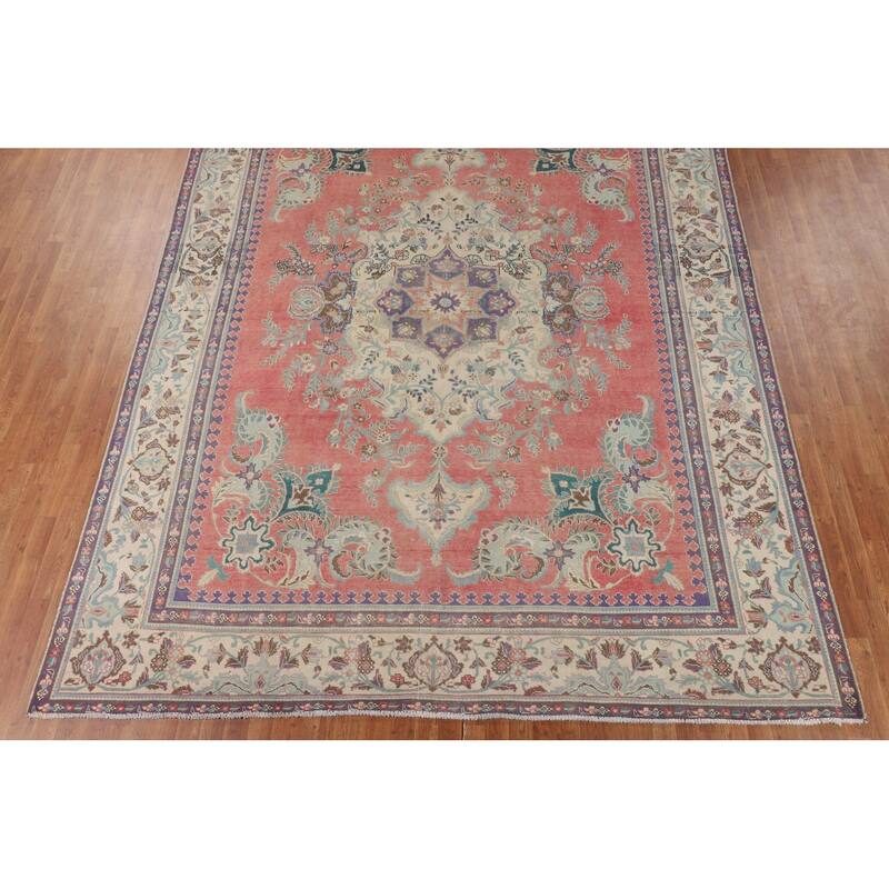Distressed Tabriz Vintage Area Rug Handmade Wool Carpet - 9'8" x 12'8"