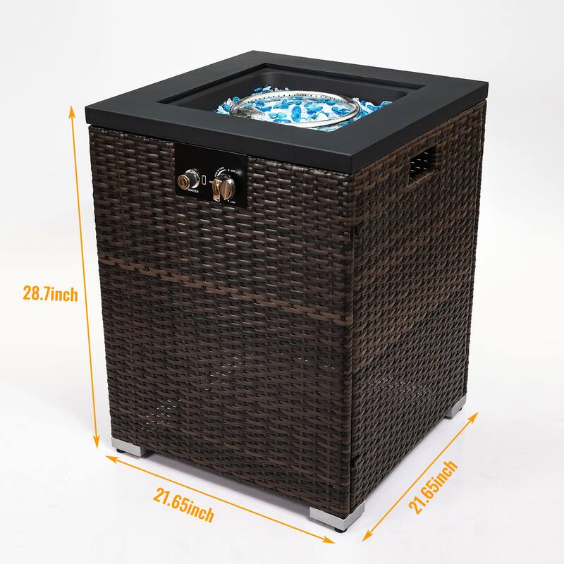 22inch Wicker Fire Pit Column with Glass Wind Guard,Dark Brown