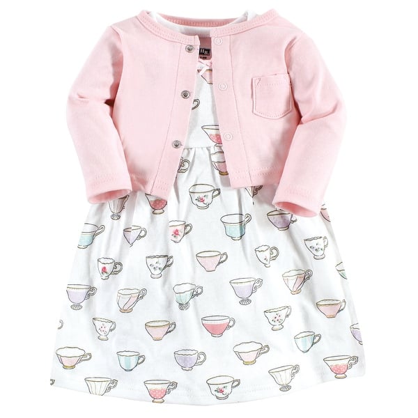 slide 1 of 1, Hudson Baby Baby Girl Cotton Dress and Cardigan Set, Tea Party 0-3 Months - Tea Party