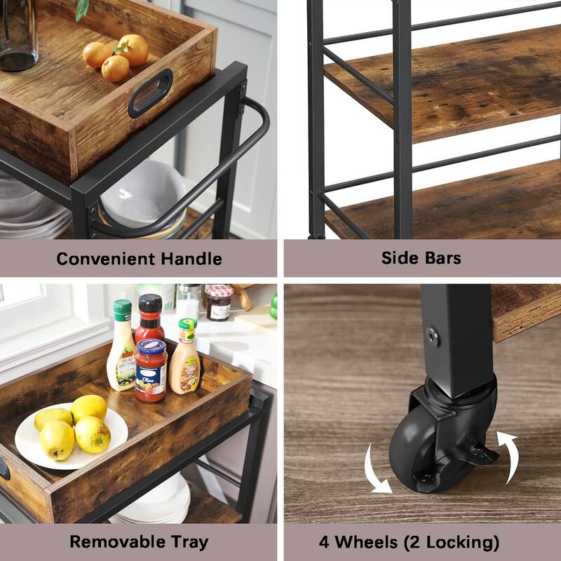 3-Tier Kitchen Serving Cart on Wheels with Storage, Leveling Feet