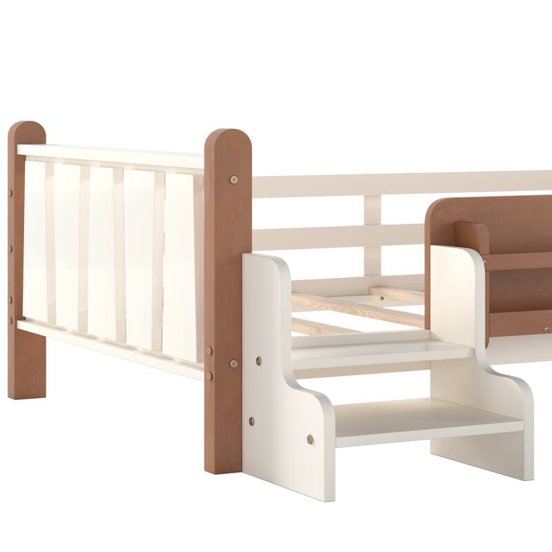 Full/Twin Floor Bed with Storage Bookcases & Cute Stairs - Solid Wood Kids Bed, No Box Spring