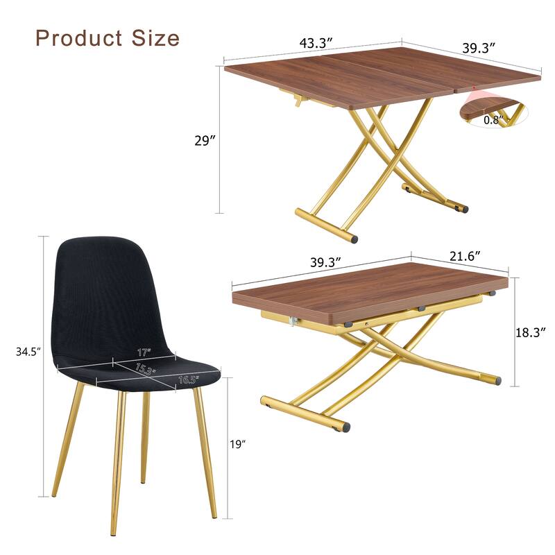 5-Piece Modern Lift-Top Table Set with Gold Legs, Includes 4 Black Linen Fabric Chairs, Stylish Dining Set for Kitchen