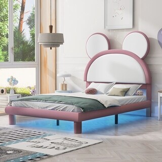 Twin Size Upholstered Platform Bed with Cartoon Ears Shaped Headboard and LED