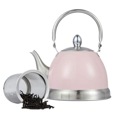 Creative Home 1.0 Qt. Stainless Steel Tea Infuser Kettle with Folding Handle, Removable Infuser Basket, Pink - 1.0 Quart