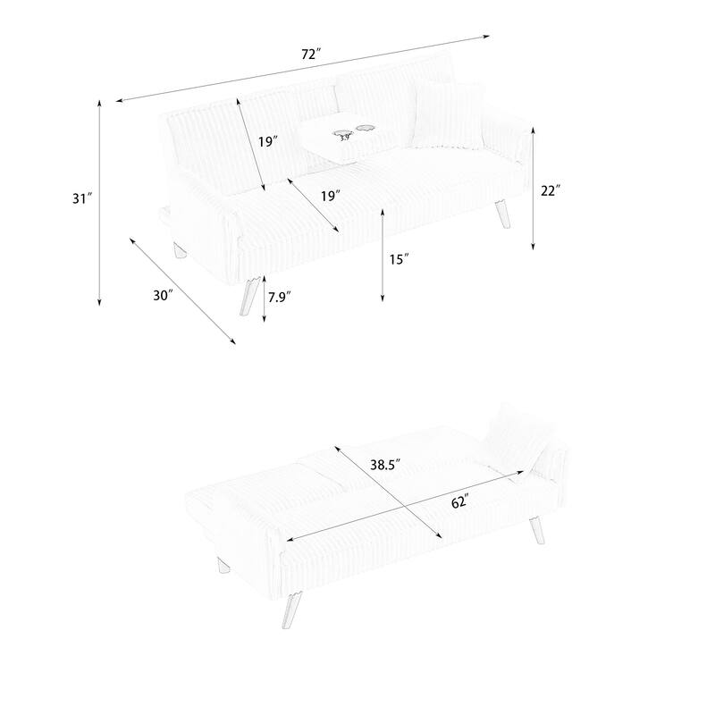 Black Corduroy Sofa for Living Room and Bedroom with Adjustable Backrest and Cup Holder
