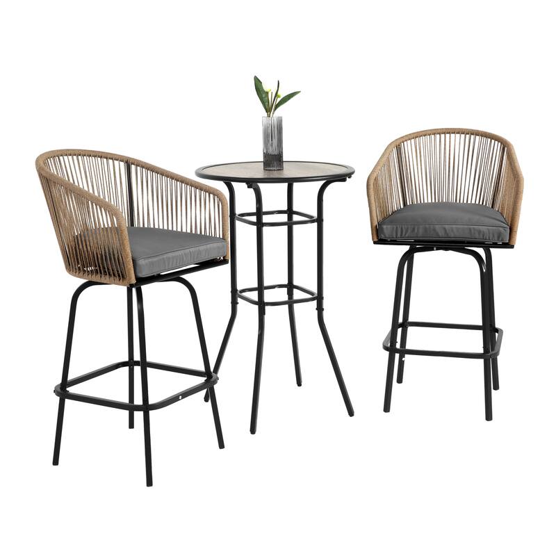 3-Piece Outdoor Bistro Set w/ 2 Swivel Chairs, Round Table, Bar Height - Grey
