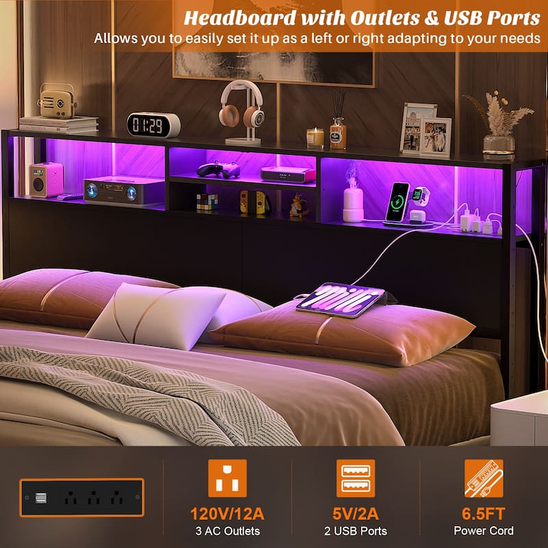 Headboard with Storage and Charge Station, Platform Bed Heaboard with LED Lights