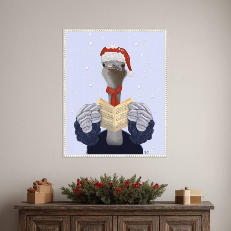 Ostrich Carol Singing by Fab Funky (23 x 28 in.), Framed Canvas Wall Art Print - Sylvie Beaded White