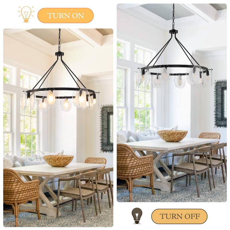 Modern 8-Light Wagon Wheel Chandelier with Tempered Glass Shape