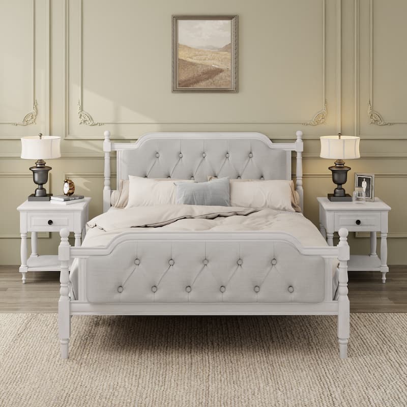 Traditional Style Solid Wood Bed Frame with Upholstered Tufted Headboard,No Box Spring Needed,Full Size, Antique White